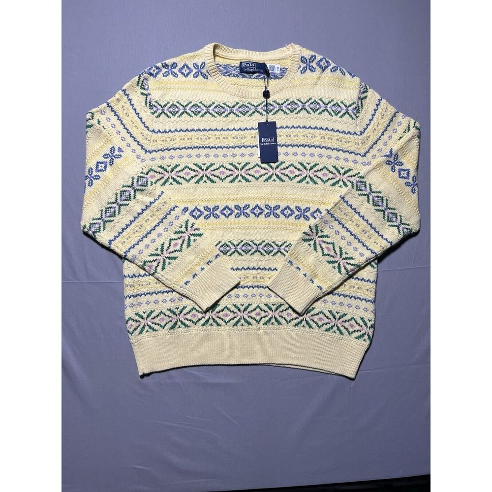 Polo Ralph Lauren Cashmere Linen Cotton Blend Yellow‎ Fair Isle Sweater XL $428
